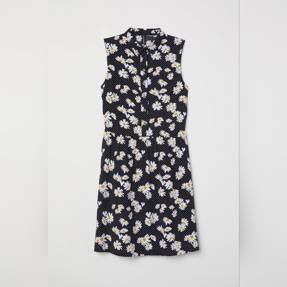 H&M Womens Sleeveless Black Daisy Floral Button Up Viscose Dress Size US 2